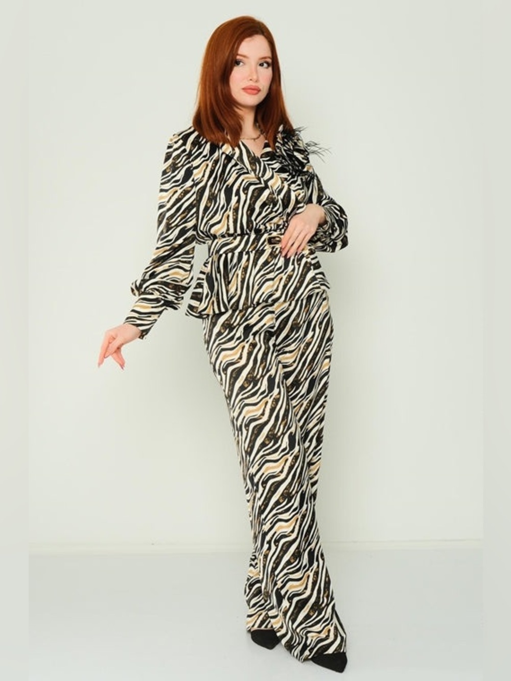 Zebra Print Two-Piece Set - Black, Cream, Beige